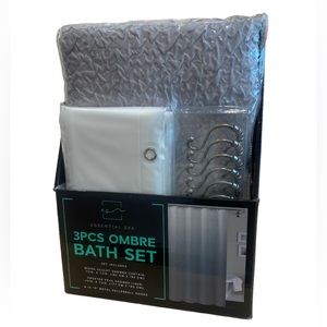 3 Piece Bath Set Ombre Blue Shower Curtain Liner Hooks- NEW